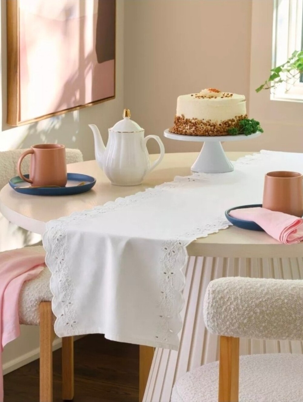 New   72"x14" Table Runner Eyelet Ivory Scallop - Threshold